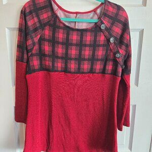 REBORN Red Buffalo Plaid Color Block Tunic with Button Detail - Large